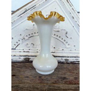 Vintage Fenton Gold Crest Milk Glass Crimped Ruffle Vase
